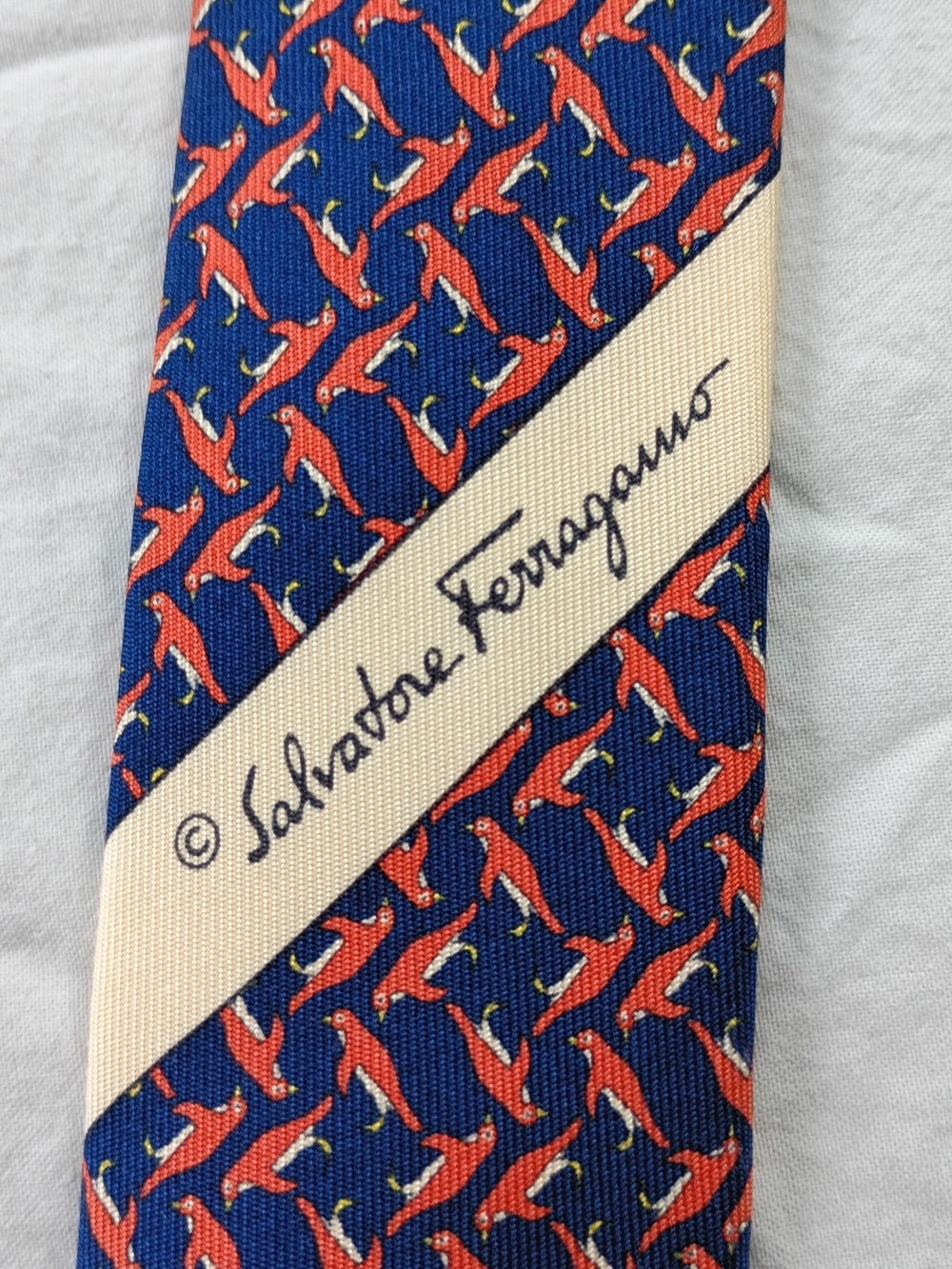 Salvatore Ferragamo Tie Penguin Motif Blue & Pink 61" Length 100% Silk Italy